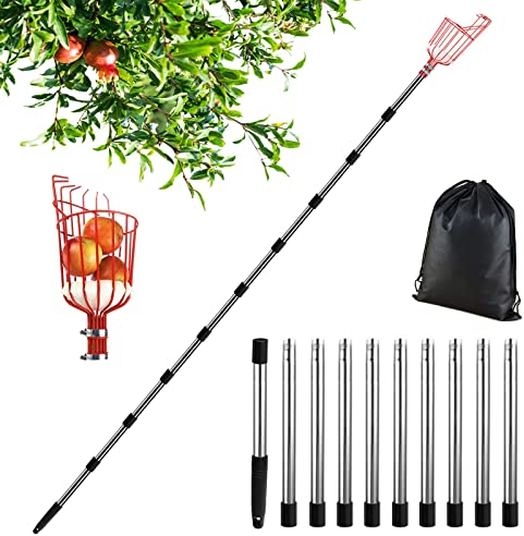 Raccogli Frutta da Albero 4.2M, Raccogli Frutta Telescopico, Raccoglifrutta Telescopico Inox, Raccogli Mele, Bastone Raccogli Frutta, Raccoglitrice Attrezzo per Fichi Ciliegie Pere Limone Ø 145mm