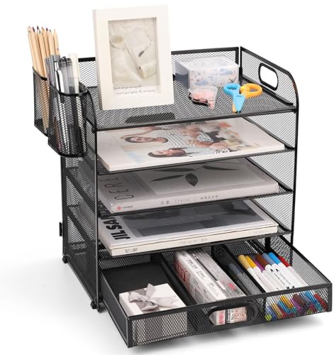 Mesh Letter Tray Organizer, Office Desk Tidy Organizer File Document Holder A4 Paper Fiing Trays for Home Office School (Mesh Metal 5 Tier+Drawer+Pen Holder)