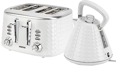 Geepas 4 Slice Bread Toaster & 1.5L Cordless Electric Kettle Combo Set with Textured Design – 1750W Toastie Machine with 7 Browning Control (White)
