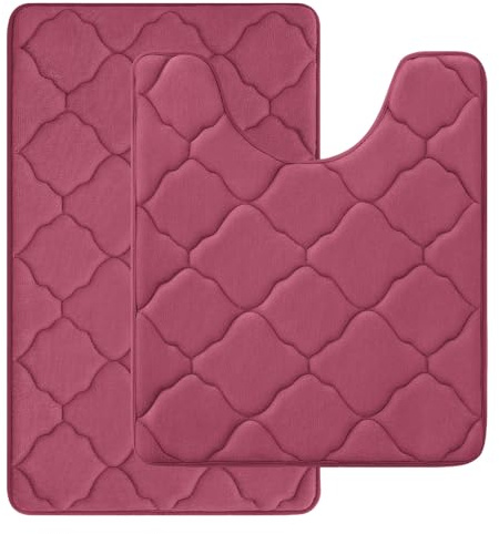 Homaxy Tapis de bain en mousse à mémoire de forme 2 pièces avec découpe - Tapis de WC absorbant et antidérapant - Lavable - Tapis de bain bordeaux