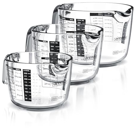 Arendo - Messbecher Set aus Borosilikatglas - Größen 1000ml 500ml 250ml (1l 0,5l 0,250l) – Messkrug Glas Krug – präzise Skala – hitzebeständig – Mikrowellen geeignet – Küchenmessbecher