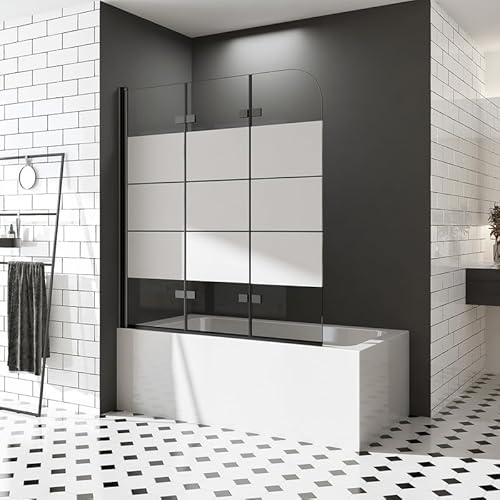 Duschwand für Badewannen 140 x 140 cm 3 teilig Schwarz Milchglas Streife Dekor Querstreifen Duschabtrennung Sicherheitsglas hell Faltwand Duschwand 6mm ESG Nano Glas