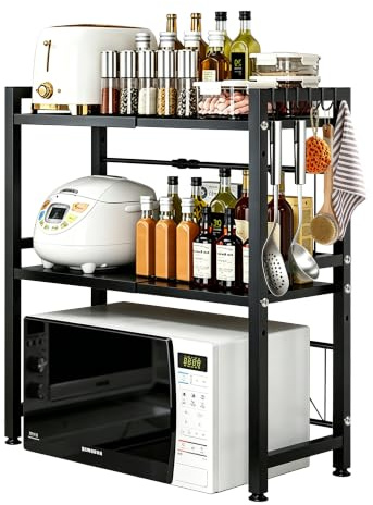 KEBMCHN Étagère à Micro-Onde Cuisine Rangement Extensible, 2 Niveaux, Noir | pour Four, Machine à Café et Rangement, avec Crochets, 40-63 cm, Charge 75 kg