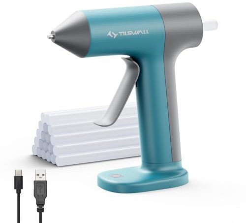 Tilswall Heißklebepistole mit 2000mAh Heißklebepistole akku, 5 Minuten Abschaltautomatik, Anti-Tropf-Düse und 20 Heissklebepistole Klebesticks, Mini Klebepistole Kabellos Zum Basteln - Blau