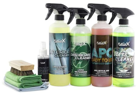 FULLCARX Kit Interior Básico Limpieza Coche con Accesorios, Limpia Tapicerías Asientos, Salpicaderos Plásticos, Limpiador APC Listo al Uso, Limpiacristales Pantallas Producto Detailing Profesional