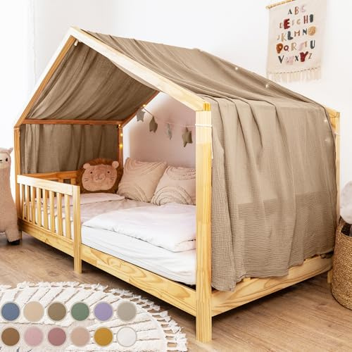 Lilimaus Sänghimmel av 100 % bomullsmuslin för hussängar, handgjord dekorativ gardin för barn, flickor, pojkar, för barnsängen, beige