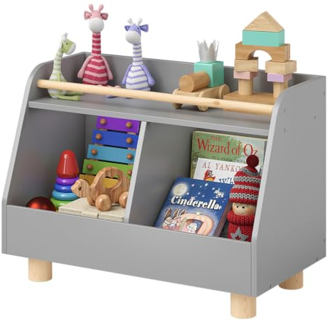 Bellabino Belly Bücherregal Kinder – Kinderregal mit 2 Fächern – Montessori Spielzeugregal mit Ablagefläche – Spielzeug Aufbewahrung Kinder Grau/Natur – Kinderzimmer Möbel aus Holz 52x38x72 cm