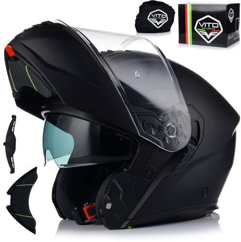 VITO Furio Klapphelm Schwarz Matt | ECE R22.06 Motorradhelm mit Sonnenblende | Pinlock vorbereitet | Klappbar | Waschbares Innenfutter | Größe L
