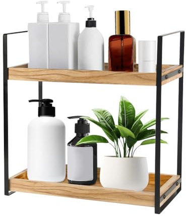 Peelanmall Badezimmer Regal Holz mit Metallgestell Standregal Badezimmer Organizer Multifunktionales Gewürzregal Feuchtigkeitsgeschützt Holzregal Kosmetik oder Schminktisch 3