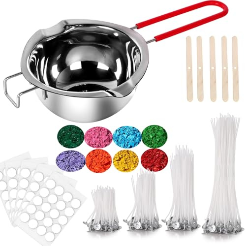 BINJCE Candle Making Kit, Complete DIY Candle Craft Set | 304 Stainless Steel Wax Melting Pot, 150 Cotton Candle Wicks in 4 Sizes, 8 Wax Colour Blocks, 160 Wick Stickers & 5 Wick Holders