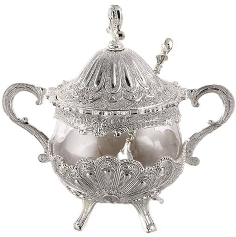 Ceramic Sugar Bowl Sugar Pot, Sugar Bowl with Lid and Spoon, Metal Relief Glass Spice Jar, Candy Holder, Metal Decorative Bowl(OneColor,Glass)