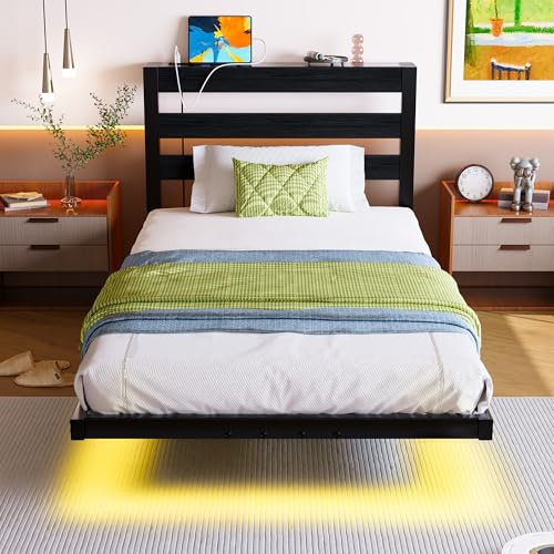 VERFARM Struttura letto singolo galleggiante da 91 cm, con luci LED e stazione di ricarica USB, struttura letto in metallo per letto singolo, con testiera in legno, senza bisogno di molle, supporto a