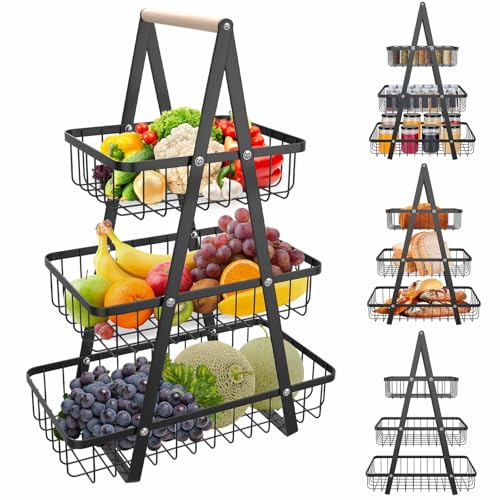 AufuN Obst Etagere, Obstkorb Rack Obstschale aus Metall, Abnehmbar Obst Halter Küche Ablagekorb für Küche Lager Obst Gemüse(Schwarz) (3 Tier)
