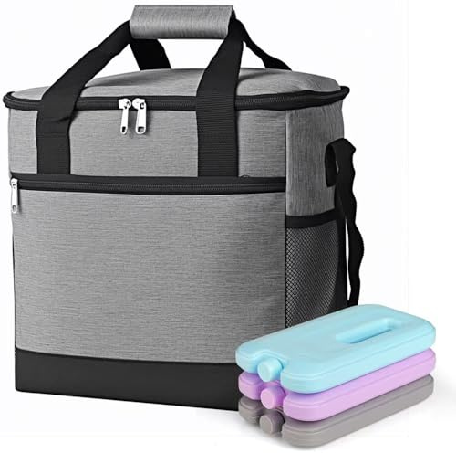 Kühltasche mit 3 Eissacksätzen, Wasserdicht, 18 Dosen Kapazität, 20 Stunden Kühldauer, für Strand und Picknick (Grau)