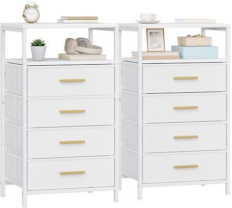 Hzuaneri Nachttisch 2er Set, Beistelltisch mit 2 Stoff-Schubladen und Regalen, Offenes Fach, Couchtisch, Nachtschrank Schlafzimmer, für Wohnzimmer, Schlafzimmer, Weiß NS40813W