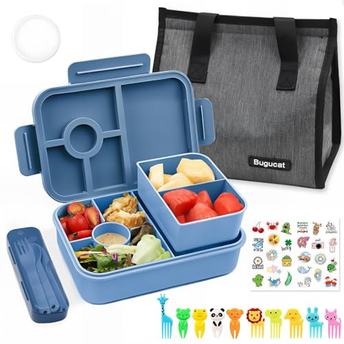 Bugucat Brotdose Kinder mi Fächern 1300ML,Auslaufsicher Lunchbox mit Lunchtasche,Bento Box für Erwachsene mit Besteckset Obstgabel,Vesperdose Frühstücksbox mit Aufkleber für für Mädchen & Jungen