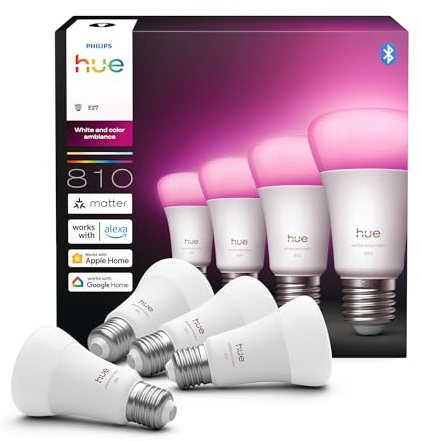 Philips Hue Smart LED A60 Lampe, Weiß und Color Ambiance, E27 Fassung, 6W, Vollspektrumlicht 1000K-20000K, 810 Lumen, dimmbar, kompatibel mit Alexa, Google Assistant und Apple Home, 4er Pack