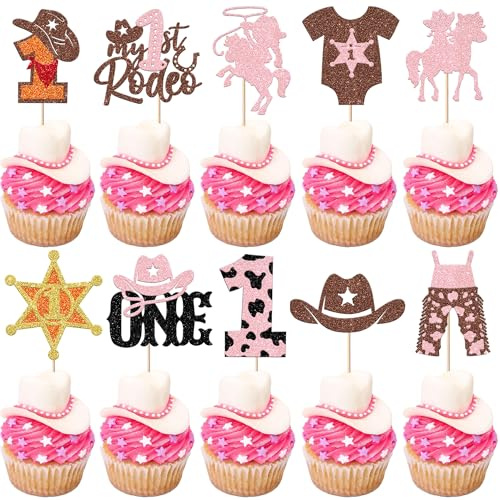 Xsstarmi 30 Pack Cowgirl Cupcake Toppers Pink Star Glitter My 1st Rodeo Baby Cowgirl Cupcake Picks for Western Newborns Baby Shower Kids Girls Fisrt Birthday Party Cake Decorations Supplies