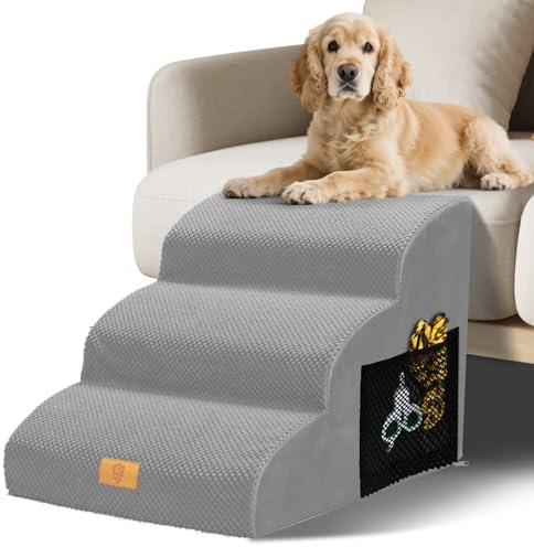Thihome Hundetreppe für Kleine Hunde, Wasserdicht 3 Stufen Haustiertreppe aus Hochdichtem Schwamm, Abnehmbar Hunderampe mit Waschbar Bezug für Sofa Bett, Grau