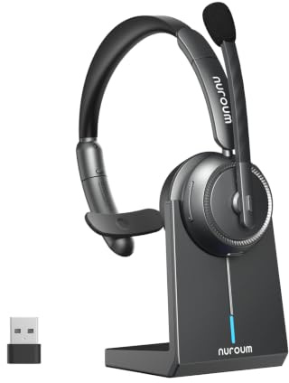 Nuroum HP31S(3rd Gen) Single Ear Wireless Headset with Microphone,V5.4 Bluetooth Headset with Noise Cancelling Mics,Charging Base,Mute Button, USB Dongle for PC/Laptop/Phone for Conference Call Center