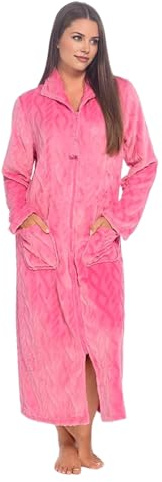 INSIGNIA Ladies Zip Up Dressing Gown with Tassel – 100% Polyester Flannel Fleece, Lightweight & Cosy Housecoat, (UK, Numeric, 12, 14, Regular, Regular, Pink)