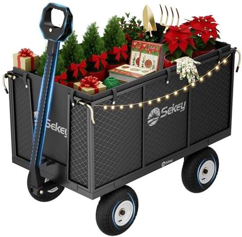 Carrello da giardino TITAN – Capacità di carico 550 KG, Carrello di trasporto per attrezzi con manoferro brevettato, Pneumatici gonfiabili in gomma completa, 200 L Grigio