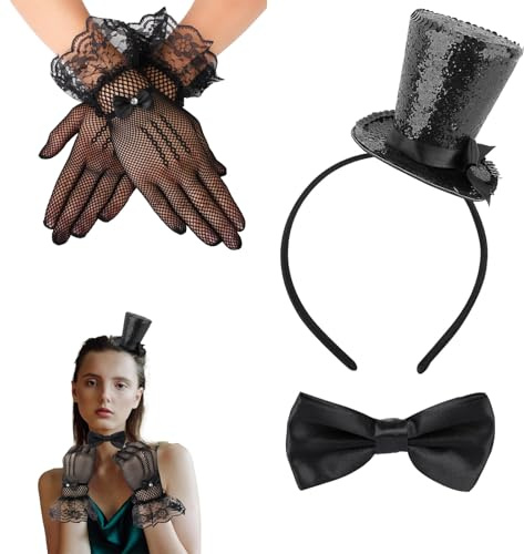 PMELCXD Zylinderhut Damen Set mit schwarzem Mini-Hut, schwarzem Bowtie und Spitzenhandschuhen, eleganter Kopfschmuck für Hochzeit, Party und Festliche Anlässe, vielseitig und stilvoll, perfekt für R