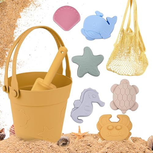 LUFEIS Set di giocattoli di sabbia, 9 pezzi, in silicone, giocattolo da spiaggia per la famiglia, con secchio, sacchetto a rete, stampi per sabbia, giocattolo in plastica morbida per attività