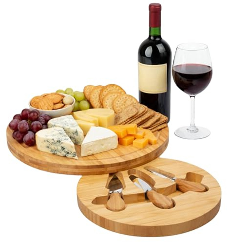 Bamboo Cheese Board Set with Utensils - Multi-Purpose Serving Tray for Breakfast, Beverages and Snacks - Natural Wooden Platter for Housewarming Wedding Christmas Birthday - Boxed Gift