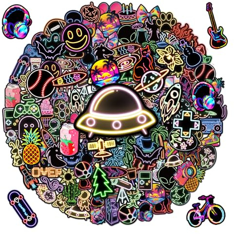 G2PLUS 100PCS Neon Stickers for Teens and Young Adults, Neon Vinyl Stickers | Waterproof Stickers For Laptops, Phone Cases, Skateboards, Water Bottles, Gaming Accessories and DIY Decoration