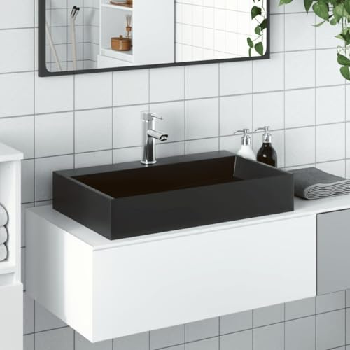 Lavabo da bagno, 60 x 38 x 11 cm, in ghisa di marmo, colore nero opaco, per bagno, cucina, ospiti, WC, facile da pulire e installare