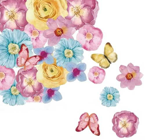 Ruvan Fleurs Comestibles pour Gâteau 102 Pièces Décoration de Gâteau Multicolore en Papier Azyme pour Cupcake et Muffins Décors de Pâtisserie pour Anniversaire Mariage Fête Boîte de Rangement