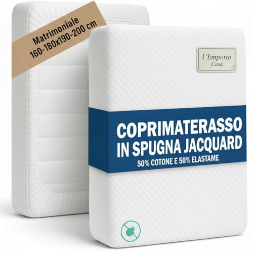 Coprimaterasso in Spugna Jacquard di Cotone Elasticizzato con Angoli Perimetrale, Lavabile, Regolabile, Certificato Oeko Tex, per Diversi Materassi (2 Posti 160-180x190-200)