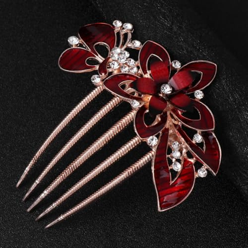 OFFSCH Roter Haarkamm mit Strasssteinen Eleganter Haarschmuck für Damen Dekoratives Kopfstück für Abschlussfest und Hochzeit Zarter Blumen Brauthaarkamm aus Legierung