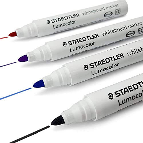 Staedtler Lumocolor Whiteboard-Marker, 351, trocken abwischbar, Korrekturstift, Rundspitze, 1 x Schwarz, 1 x Blau, 1 x Violett, 1 x Rot.