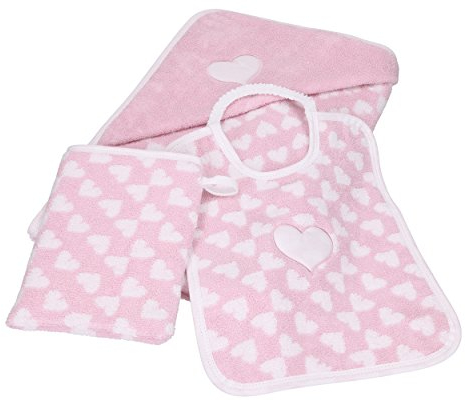 Betz 3tlg Kapuzenbadetuch Kapuzentuch 85x85 cm Babyset Herzchen II 100% Baumwolle 1 Kinder Badetuch 1 Lätzchen 1 Waschhandschuh Baby Farbe rosé