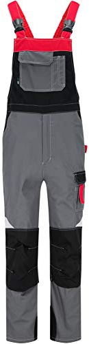 BWOLF Techno Latzhose Herren Arbeitshose Schutz-Latzhose Herren/Damen mit Reflektierenden Elementen in Grau/Rot/Schwarz (2XL)
