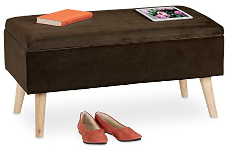 Relaxdays Sitzbank mit Stauraum, Samtbezug, 40 L, gepolstert, Holzbeine, Flur, 2er Truhenbank, 41 x 80 x 40 cm, braun