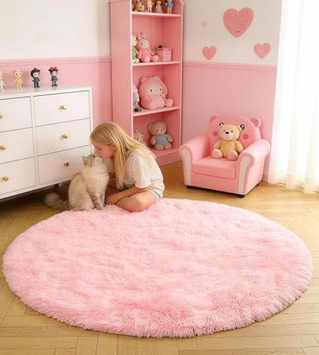 VOFUSHON Teppich Kinderzimmer Rund 100 cm Rosa | Waschbar, Kinderzimmer Mädchen Junge, OEKO-TEX Zertifiziert, Schlafzimmer, Flauschig, Rutschfeste Unterseite