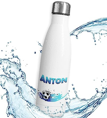 timalo® Thermosflasche Fußball personalisiert mit Namen auslaufsichere Edelstahl Trinkflasche Wasserflasche für Kinder Mädchen Jungen 750mL