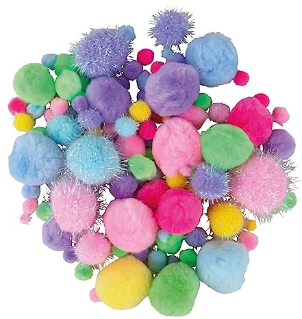 Rayher Pompon Mischung Metallic, 0,5-4,5 cm ø, Pompon-Mix, bunte Pastell-Töne gemischt, Btl. 120 Stück, Plüschbälle metallic, zum Basteln und Dekorieren, 76018999
