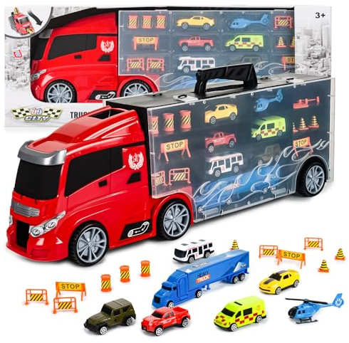 CELMAN LKW Transporter mit Mini Autos, Spielzeug-LKW zur Aufbewahrung, inkl. 7 Fahrzeuge und Zubehör, mit Abschussrampe, sicher für Kinder ab 3 Jahren