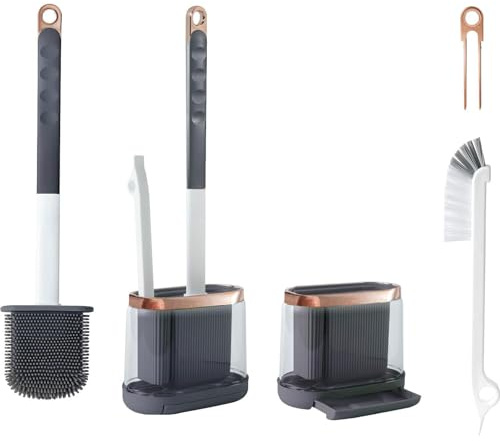 Bimver Silicone Toilet Brush and Holders Set, Bathroom Flat Toilet Brushes with Crevice Cleaning Brush & Dripless Base, All-Round Cleaning Wall Mounted Toilet Brush with Long Handled - Dark Grey