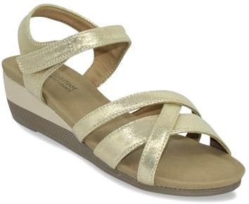 Chums Ladies Wide E Fit Occasion Sandals with Cushioned Sole, Shimmer Fabric and 4cm Wedge Gold 8