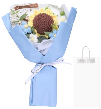 QUARKZMAN Mazzo Fiori Uncinetto, Bouquet Girasoli Fatti a Mano, Bouquet Fiori Artificiali Uncinetto per Festa Mamma, Compleanni, Lauree, Blu