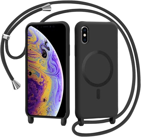 AOMYKE Handyband für iPhone X/iPhone XS Hülle mit Band, Magnetisch Handyhülle kompatibel mit Magsafe zum Umhängen Schutzhülle mit Kette Kordel Weich TPU Liquid Silikon Case，Schwarz
