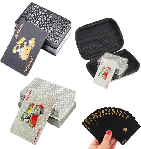 Playing Cards UK, 2 Pack Waterproof Playing Cards with Gold Foil Design, Elegant Silver and Black Diamond Grid Patterns, Includes Red Storage Pouch for Pool Parties, Beach Trips, and Outdoor Game Nigh