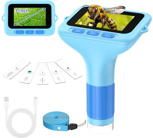 Microscope Enfant Numérique de Poche Portable: 3.0 Grand Écran 32GB 1000X Microscope Rechargeable Kit de Lames Biologiques Loupe Cadeau Scientifique pour Enfants