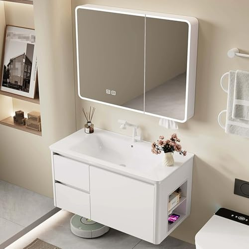 ARKCHIU Juego De Muebles De Baño, Lavabo Incluido, Gabinete De Espejo, Mueble De Baño con Cajones Y Lavabos CerámicosWhite R,70cm/28in