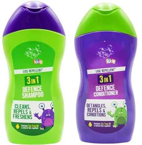 3-in-1 Kids Lice Defence Shampoo & Conditioner Set – Tea Tree Oil Formula – Repels Head Lice, Detangles & Freshens – Gentle Daily Hair Care for Children